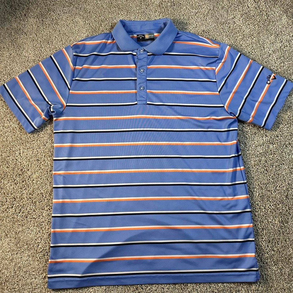 Callaway Golf Polo Shirt Men's Large Blue Orange Stripe Opti-Dri Short Sleeve
